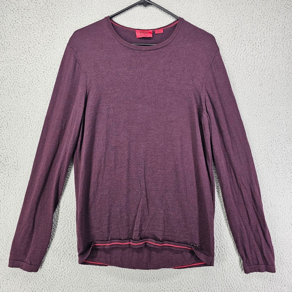 Hugo Boss Sweater Mens Large Maroon Slim Extrafine Merino Wool Stretch Pullover